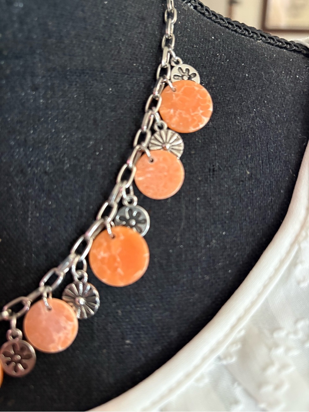 Orange Disc and Silver Charm Necklace - Women's Jewelry 10 1/4 inches - Picture 4 of 5